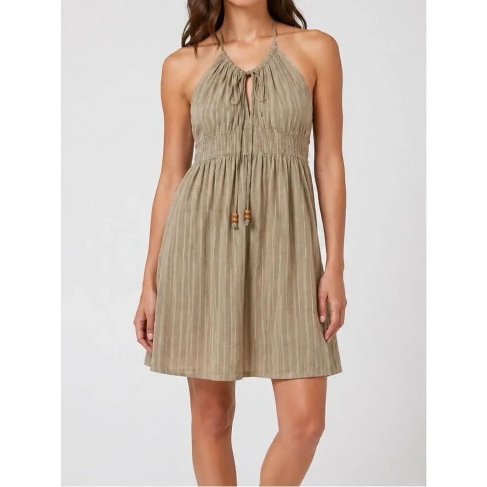 Funky People Boho Halter Dress Tan Beige Striped Cotton Size Medium